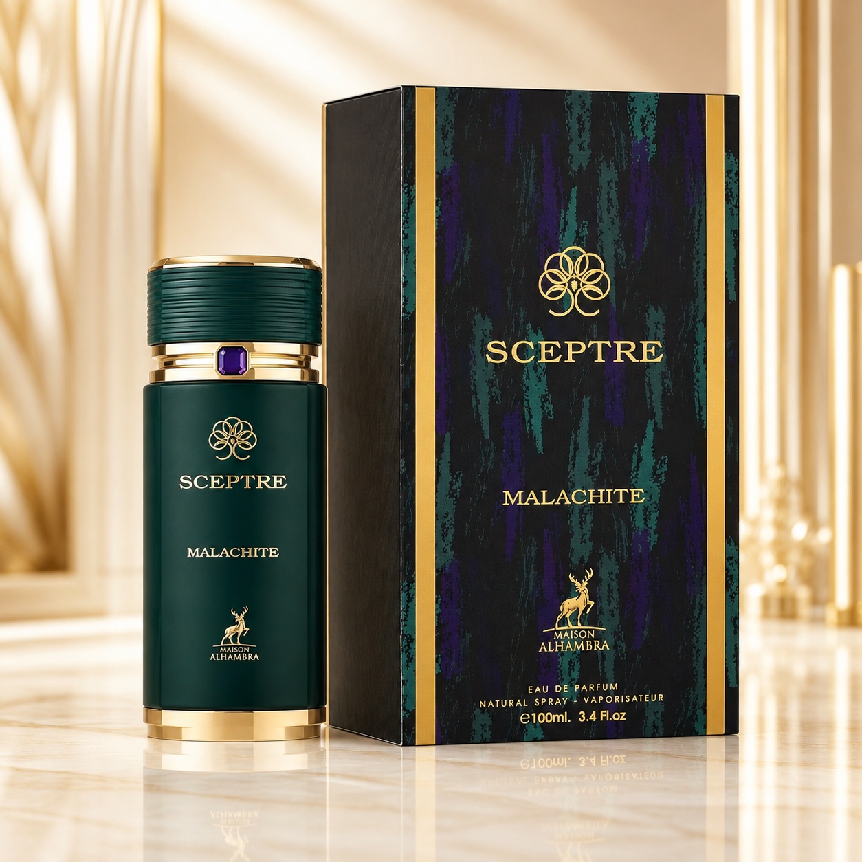 Parfum Arăbesc Alhambra Sceptre Malachite 100 ml cu sticlă verde elegantă și cutie premium Maison Alhambra