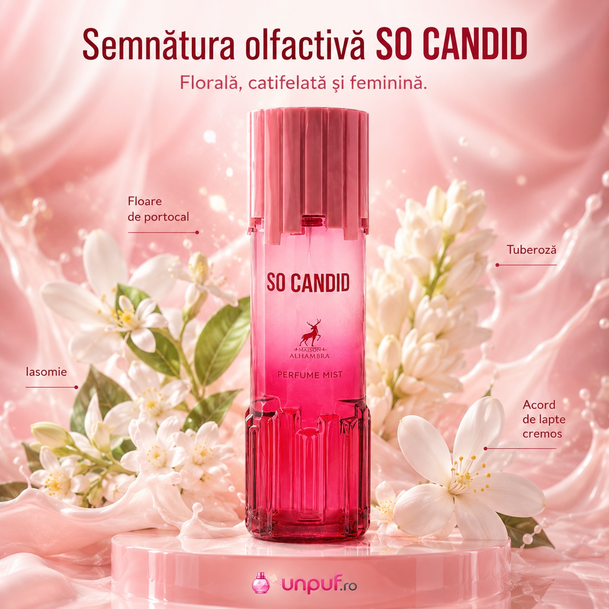Semnătura olfactivă So Candid, florală, catifelată și feminină, cu floare de portocal, iasomie, tuberoză și acord de lapte cremos