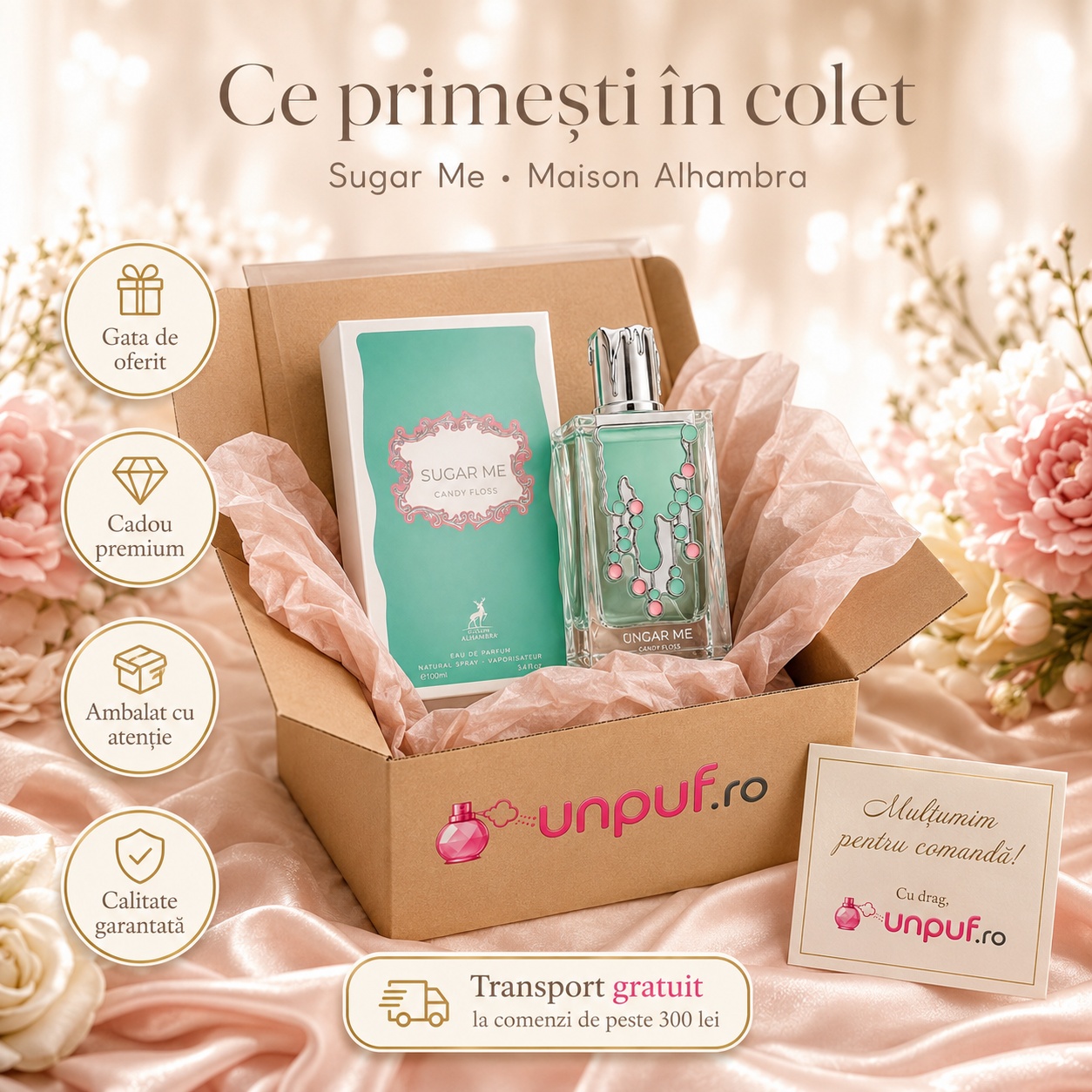 Ce primești &icirc;n colet Parfum Alhambra Sugar Me Candy Floss Maison Alhambra 100 ml ambalat cu atenție