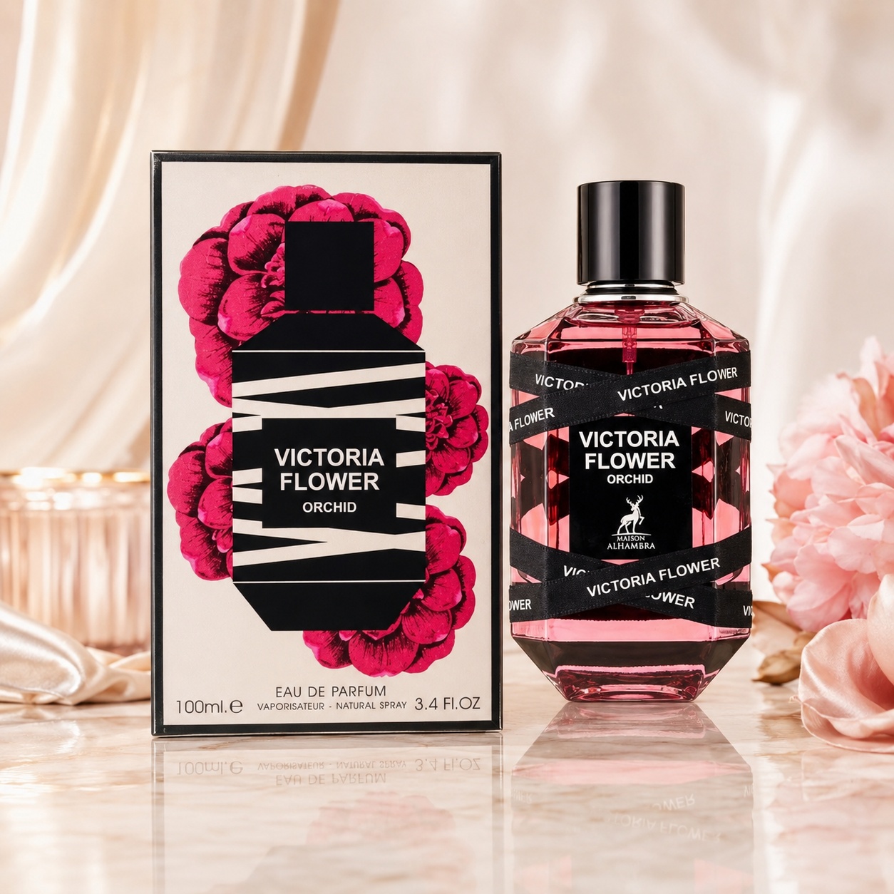 Parfum Alhambra Victoria Flower Orchid 100 ml cu sticlă roz și cutie florală Maison Alhambra