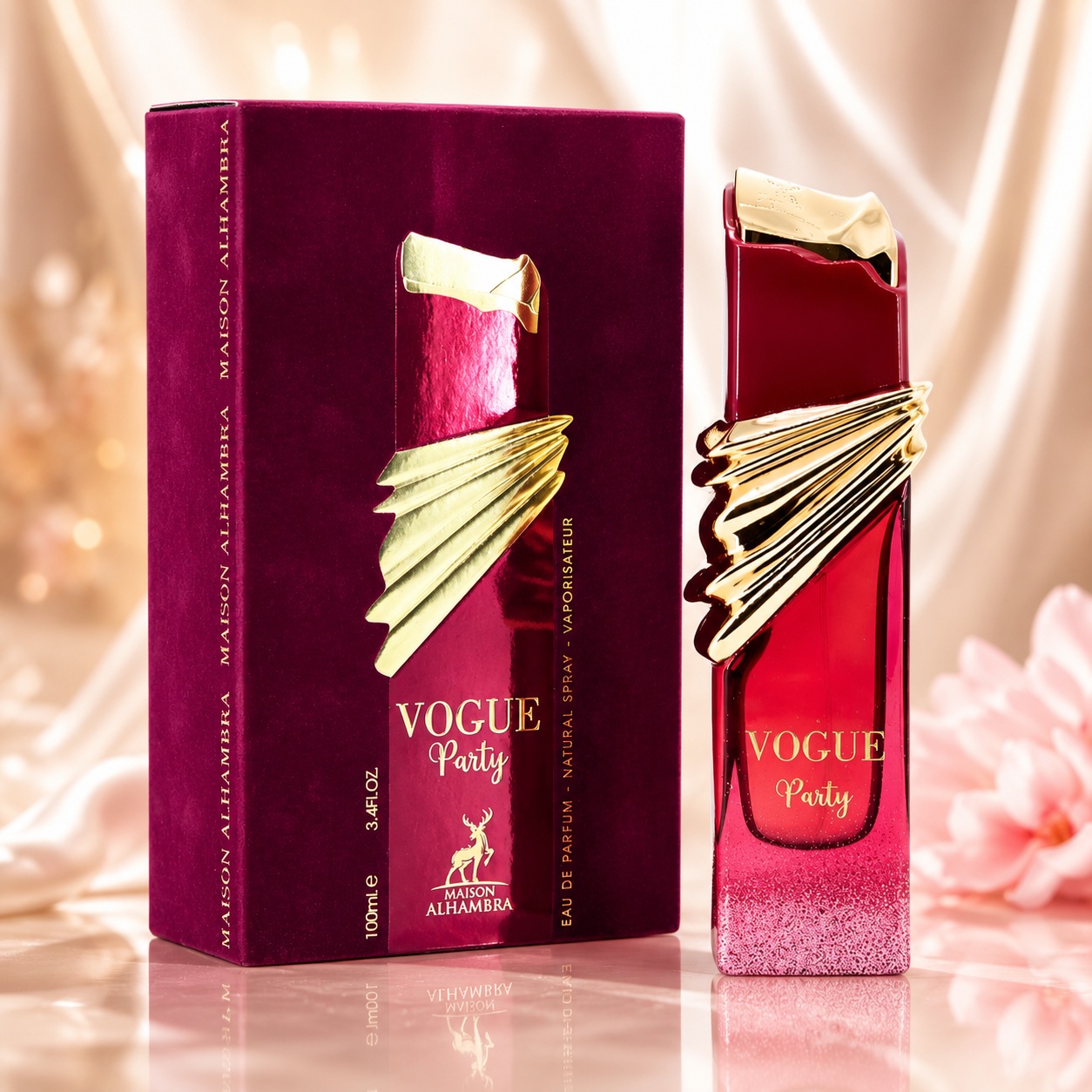 Parfum Arăbesc Alhambra Vogue Party 100 ml cu sticlă roșu roz și cutie burgundy Maison Alhambra