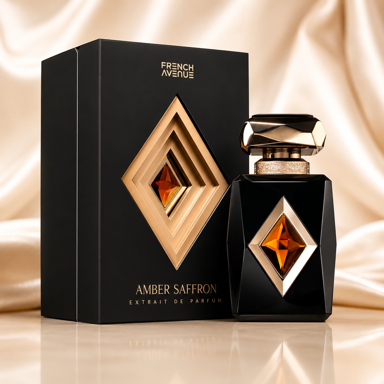 Parfum Arăbesc Amber Saffron French Avenue 80 ml cu sticlă neagră, detalii aurii și cutie premium