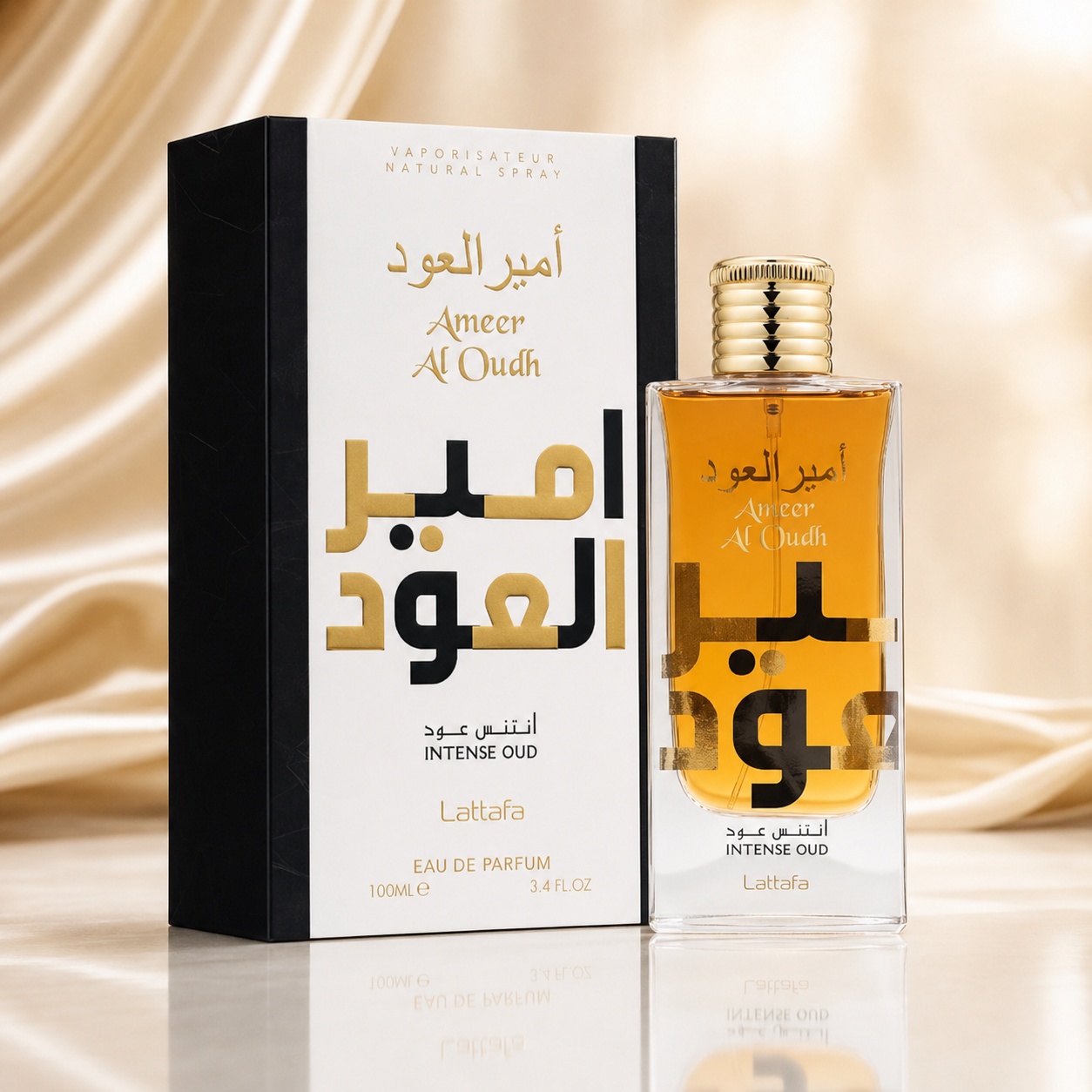 Parfum Arăbesc Ameer Al Oudh Intense Lattafa 100 ml cu sticlă aurie și cutie alb negru premium