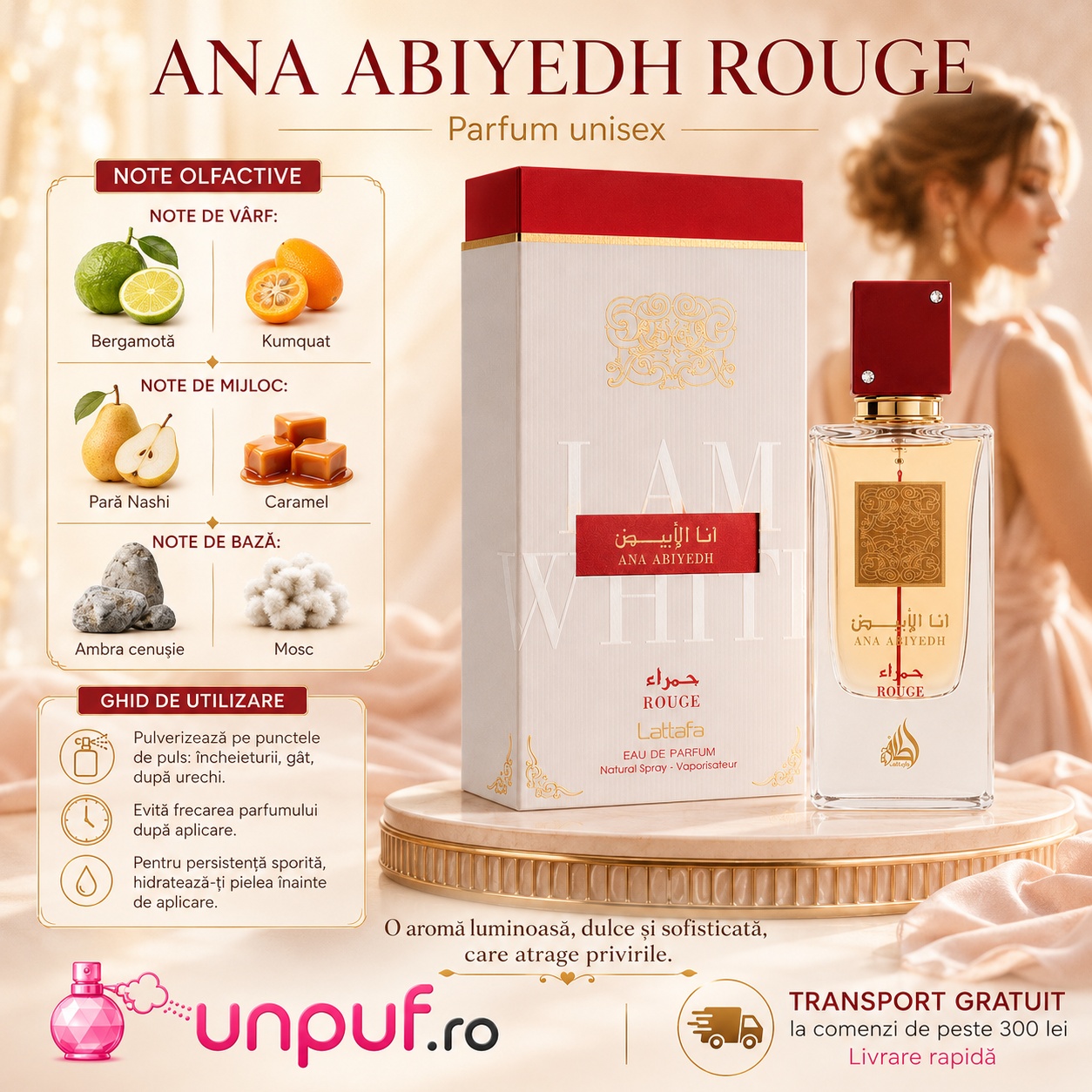 Ana Abiyedh Rouge Lattafa parfum unisex cu note olfactive bergamotă pară caramel ambră mosc și ghid de utilizare