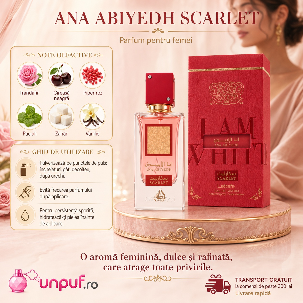 Ana Abiyedh Scarlet Lattafa parfum pentru femei cu note de trandafir cireașă neagră piper roz paciuli zahăr și vanilie