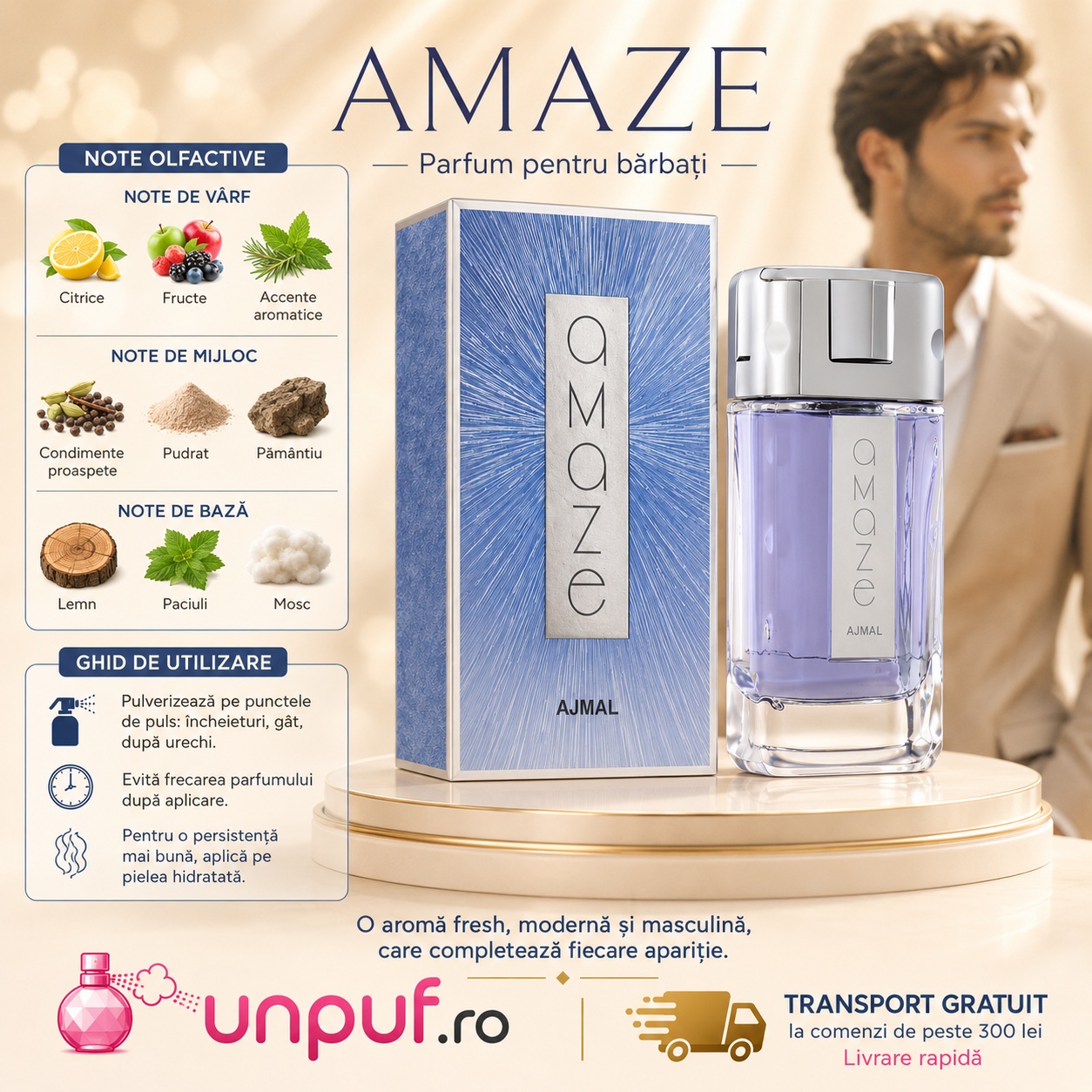 Ajmal Amaze Him ghid de utilizare, note citrice, fructate, aromatice, lemnoase și moscate