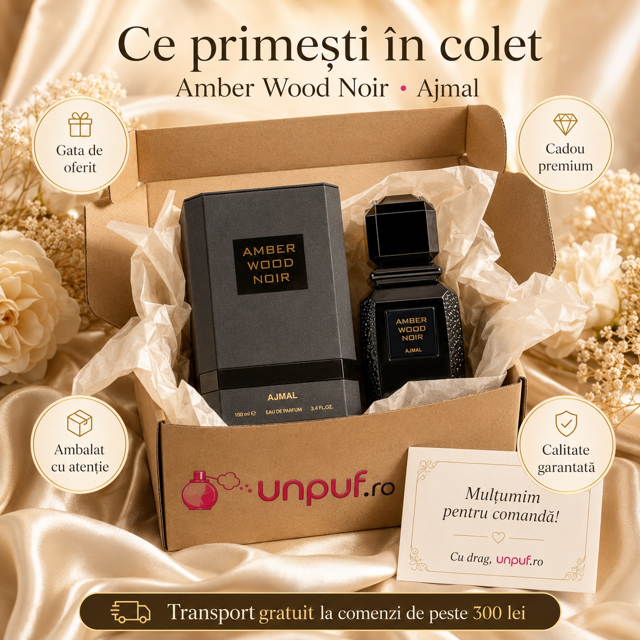 Ce primești în colet Ajmal Amber Wood Noir 100 ml, parfum original ambalat cu atenție și transport gratuit peste 300 lei