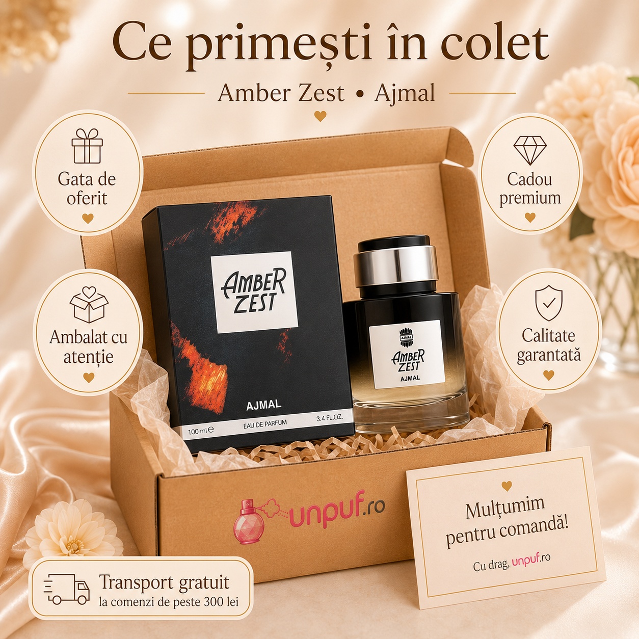 Ce primești &icirc;n colet Ajmal Amber Zest 100 ml, produs sigilat, ambalare premium și transport gratuit peste 300 lei