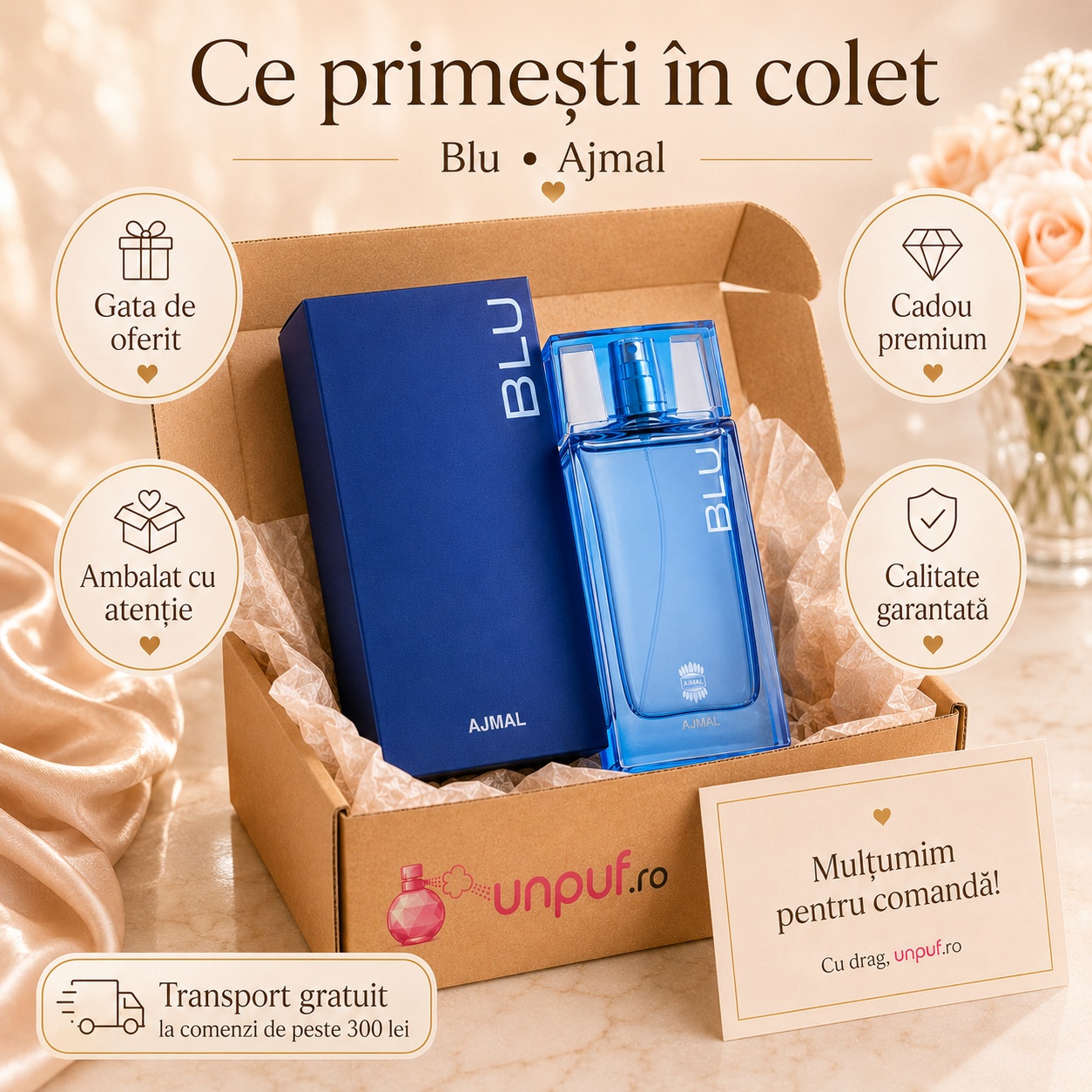 Ce primești în colet Ajmal Blu 90 ml, produs sigilat, ambalare premium și transport gratuit peste 300 lei