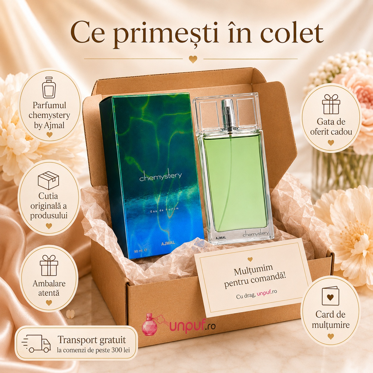 Ce primești în colet Ajmal Chemystery 90 ml, produs sigilat, ambalare premium și transport gratuit peste 300 lei
