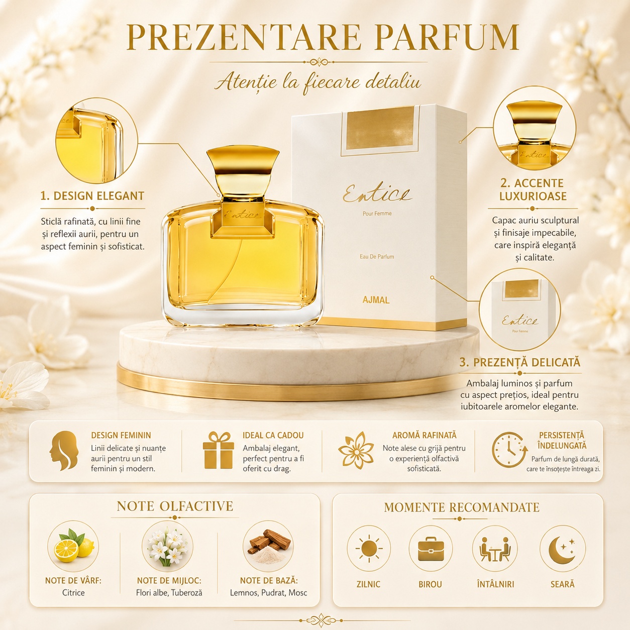Prezentare Ajmal Entice 75 ml cu note olfactive, beneficii, design elegant și momente recomandate