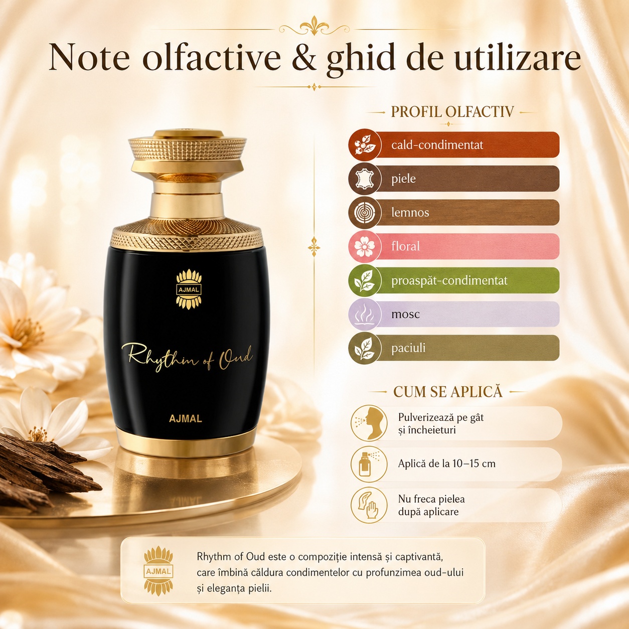 Ajmal Rhythm Of Oud note olfactive și ghid de utilizare cu acorduri cald condimentate, piele, lemnos, floral, mosc și paciuli