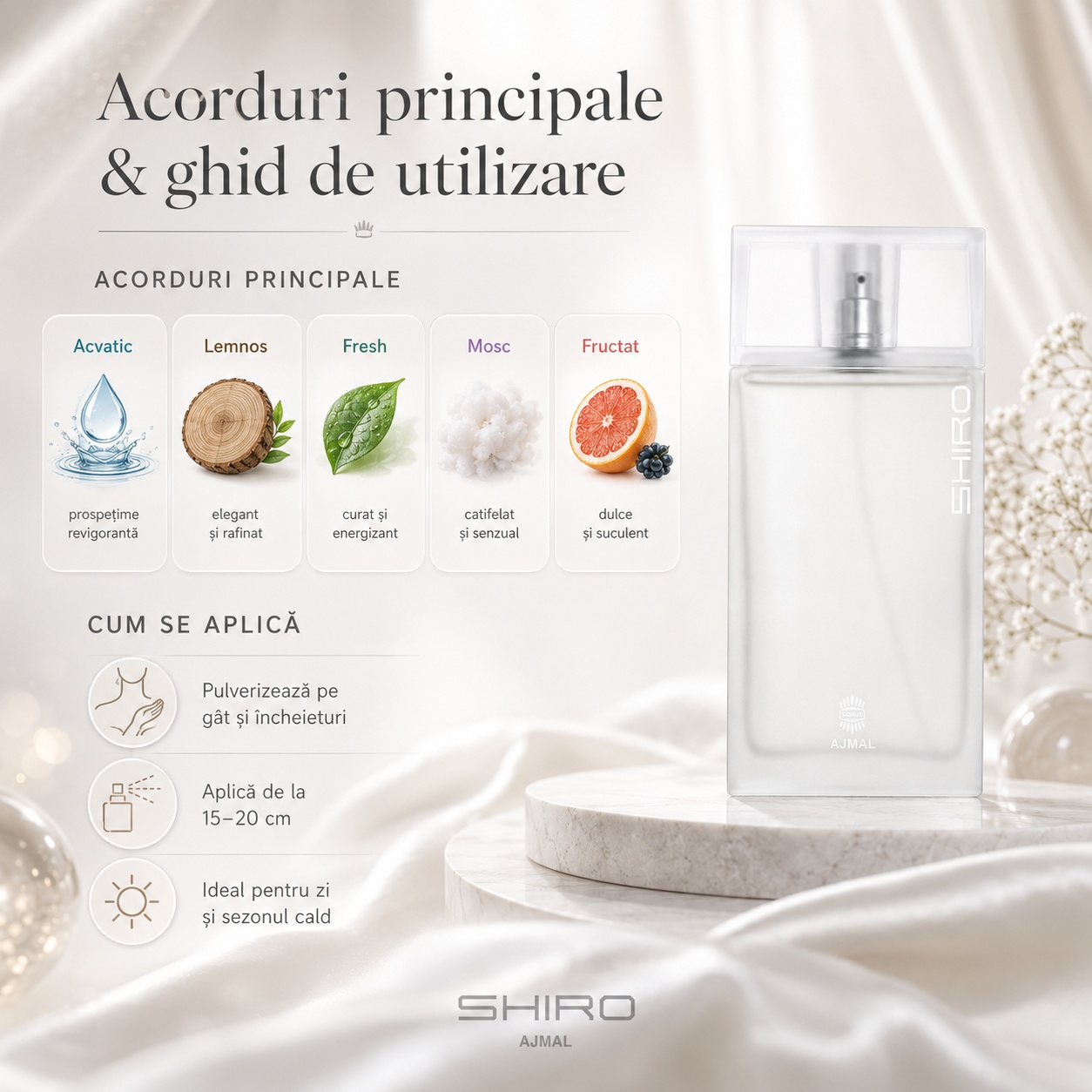 Ajmal Shiro ghid de utilizare, parfum acvatic, fresh, lemnos și moscat