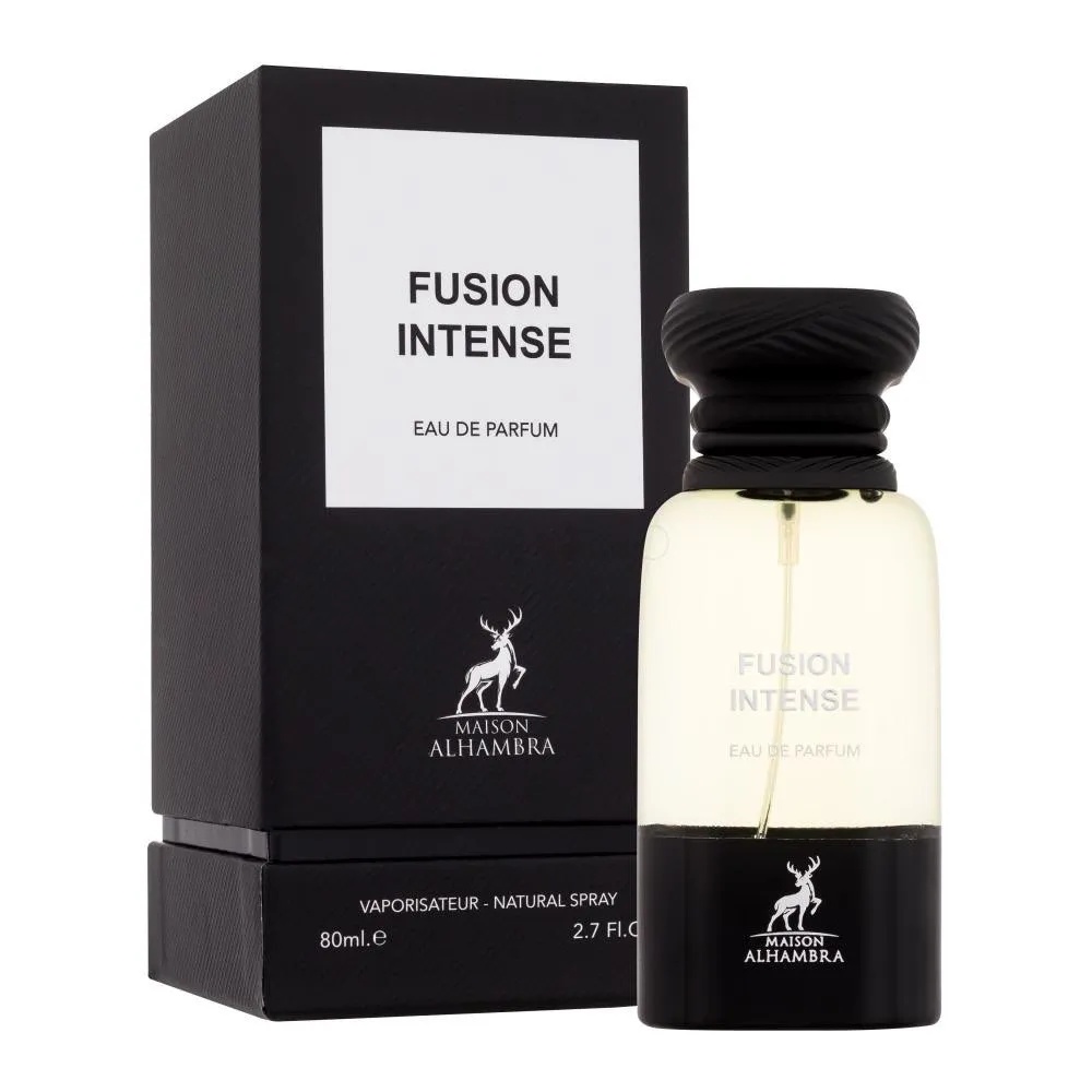 Parfum Alhambra Fusion Intense Maison Alhambra 80 ml sticlă și cutie pe fundal alb