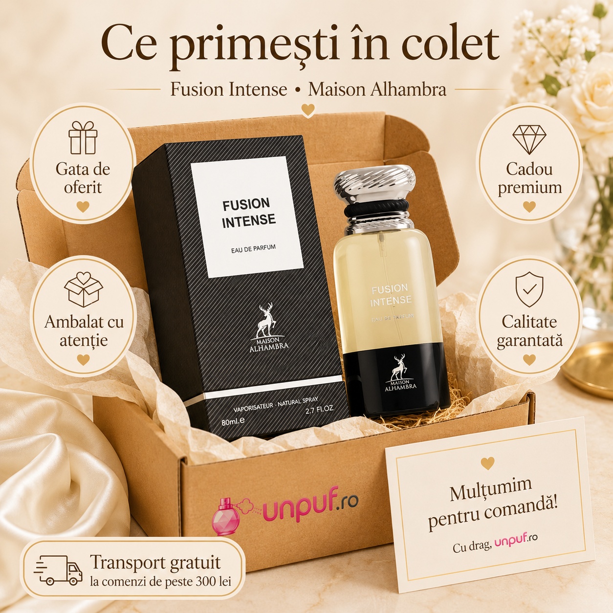 Ce primești &icirc;n colet Parfum Alhambra Fusion Intense Maison Alhambra 80 ml ambalat cu atenție