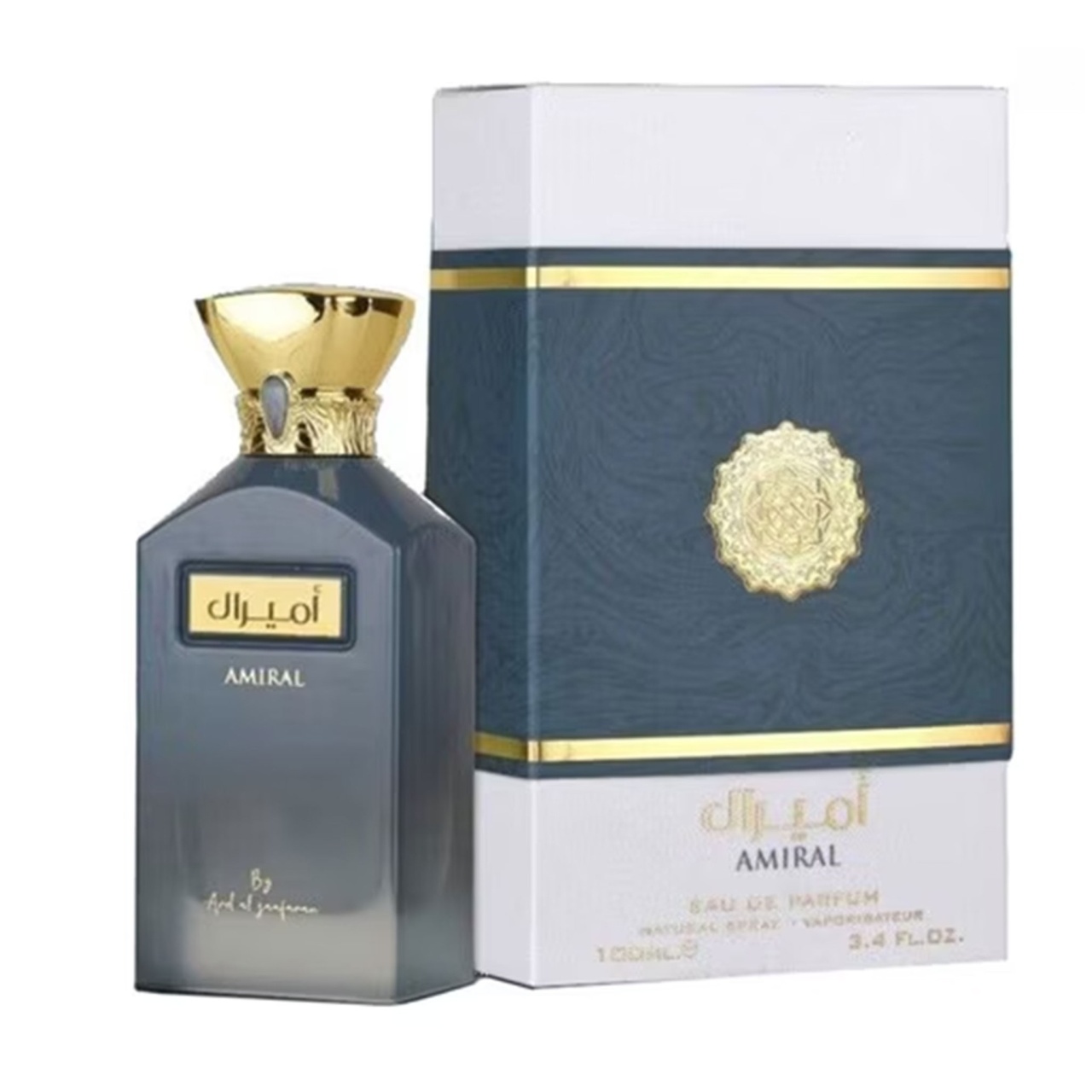 Flacon original Amiral Ard Al Zaafaran 100 ml parfum arăbesc bleu gri cu cutie albastru marin și alb