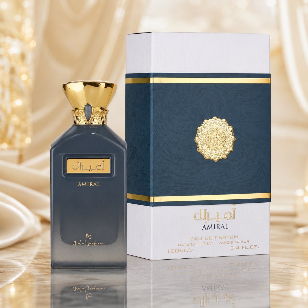 Parfum Arăbesc Amiral Ard Al Zaafaran 100 ml cu flacon bleu gri, capac auriu și cutie premium albastru marin cu detalii aurii