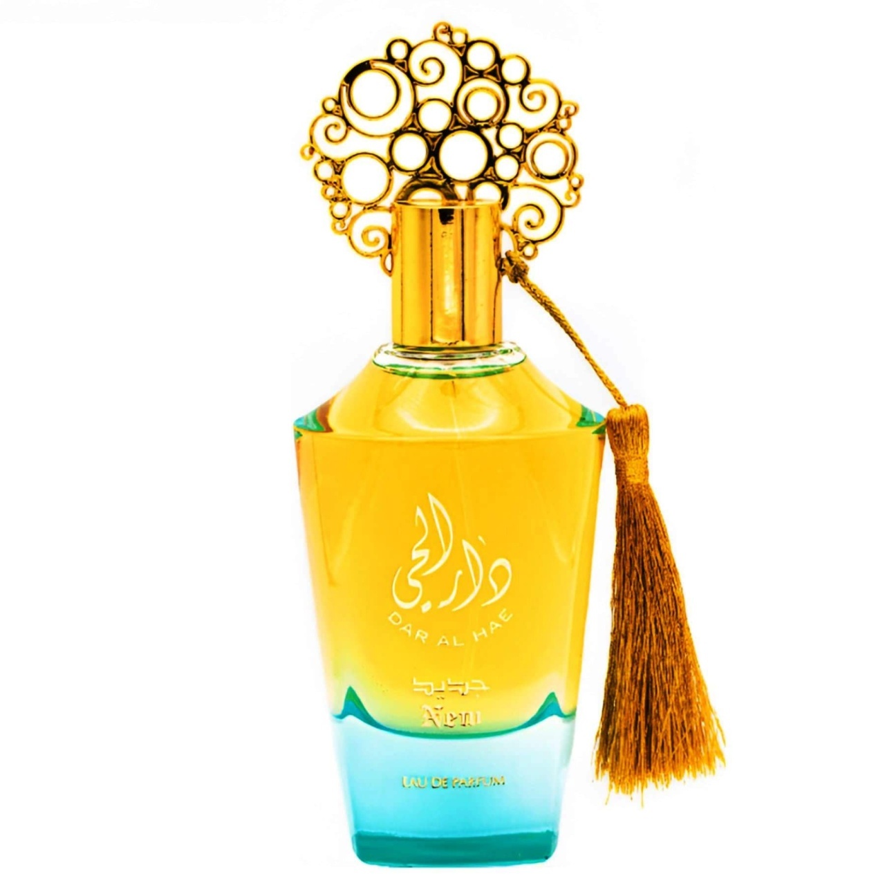 Sticlă Dar Al Hae New Ard Al Zaafaran 100 ml parfum de damă galben turcoaz cu capac ornamental auriu