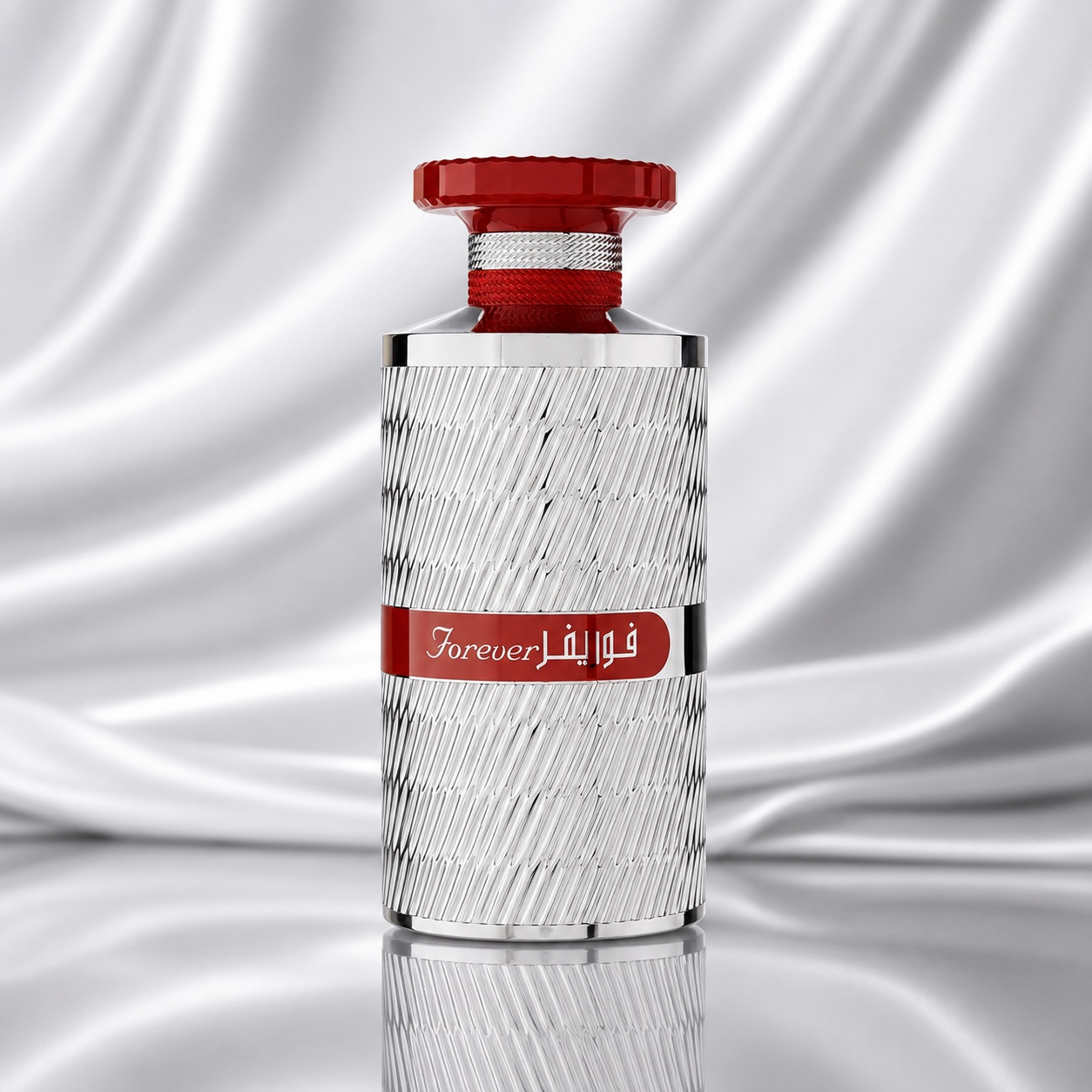 Sticlă parfum Forever Silver Ard Al Zaafaran, design argintiu cu accente roșii