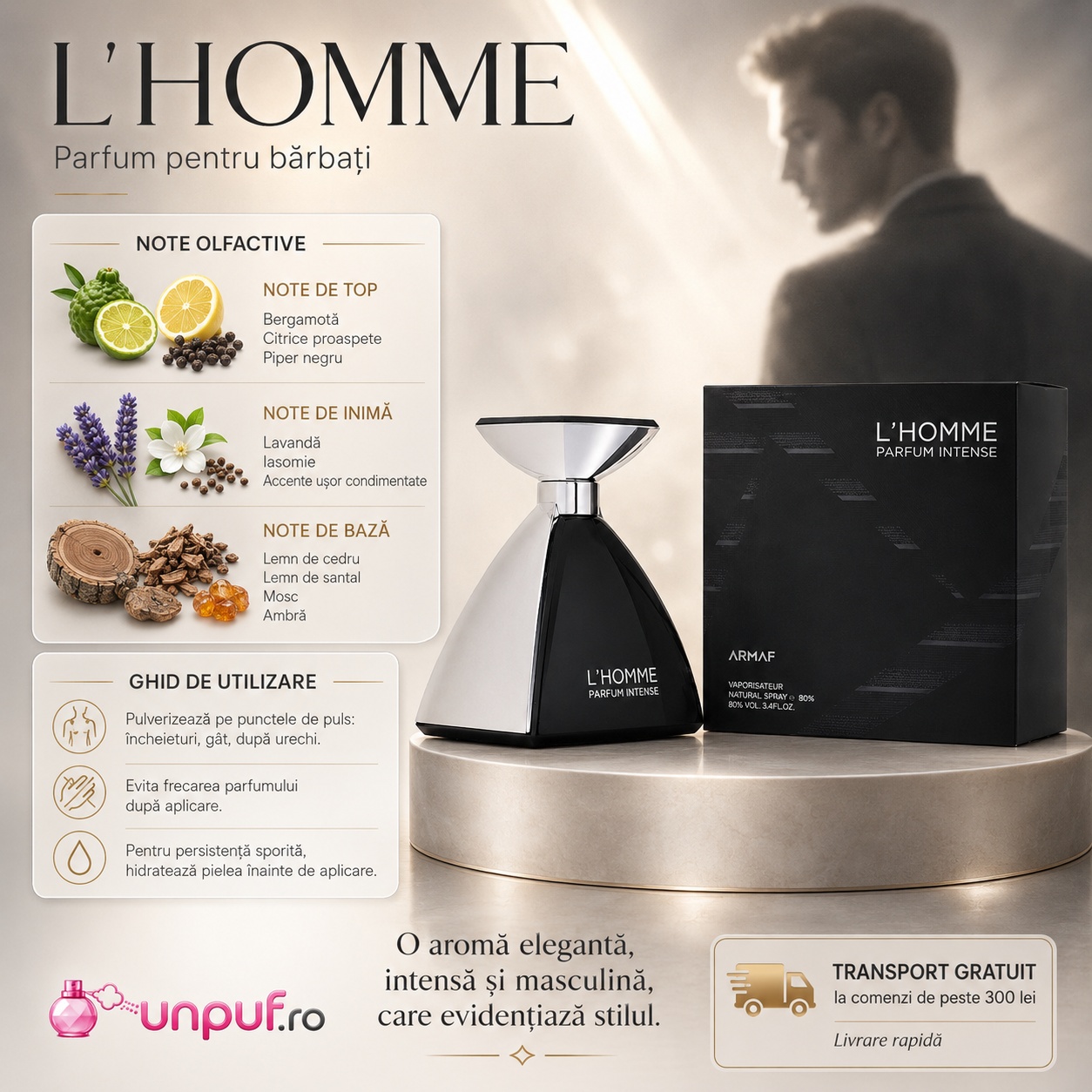Armaf L Homme Parfum Intense parfum pentru bărbați cu note olfactive și ghid de utilizare