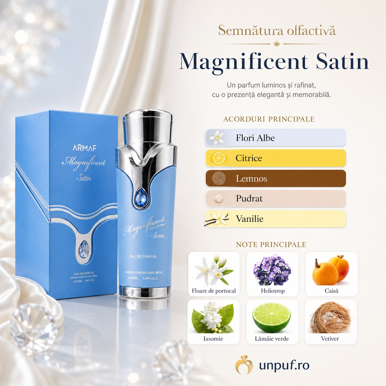 Semnătura olfactivă Magnificent Satin cu flori albe, citrice, lemnos, pudrat, vanilie, floare de portocal, heliotrop, caisă, iasomie, lăm&acirc;ie verde și vetiver
