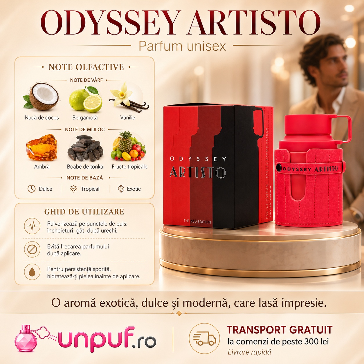 Odyssey Artisto parfum cu note de cocos, bergamotă, vanilie, ambră, boabe de tonka și fructe tropicale