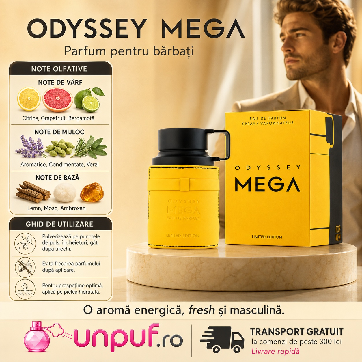 Profil olfactiv Armaf Odyssey Mega cu note citrice, aromatice, lemnoase, moscate și proaspete