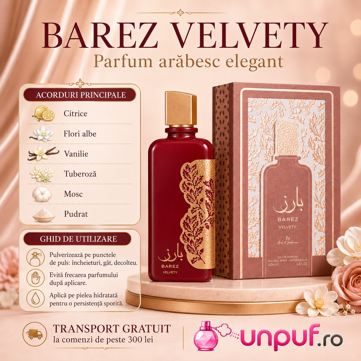 Barez Velvety parfum arabesc elegant cu acorduri principale citrice, flori albe, vanilie, tuberoză, mosc și pudrat