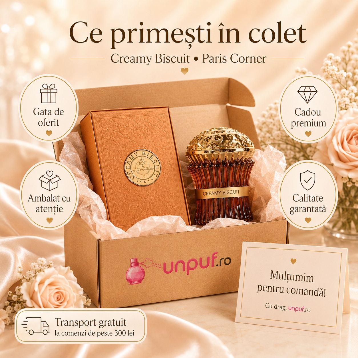 Ce primești în colet la parfumul Creamy Biscuit, ambalaj premium și cadou elegant UnPuf.ro