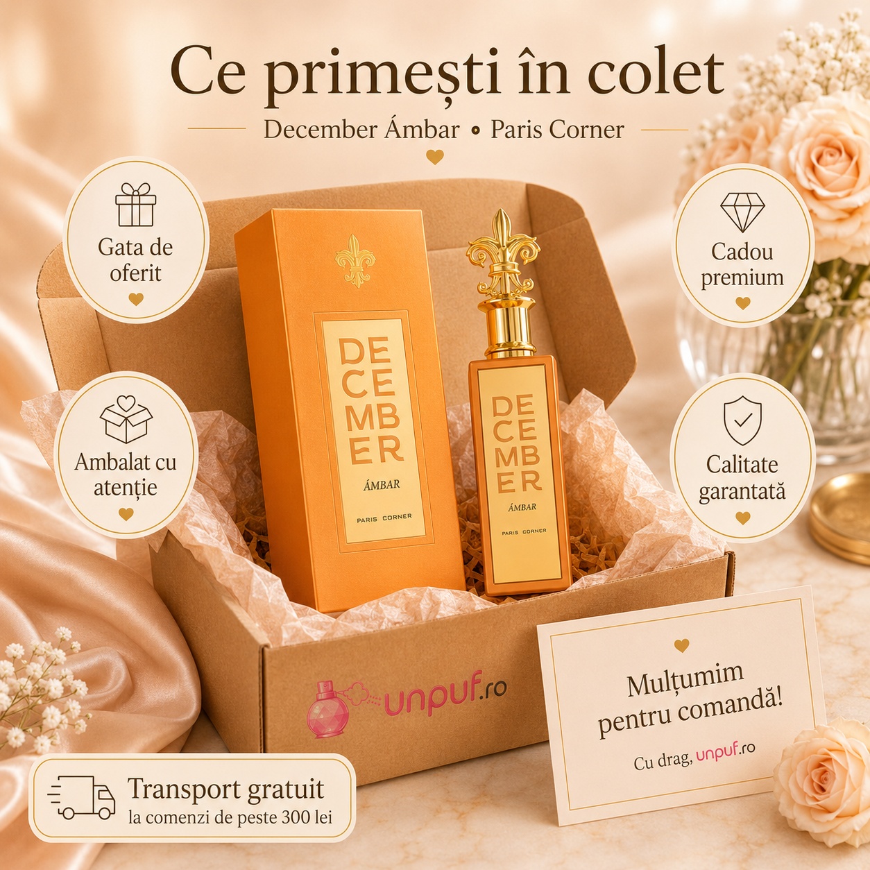Ce primești &icirc;n colet December Ambar Paris Corner 100 ml parfum original cutie originală și ambalare atentă