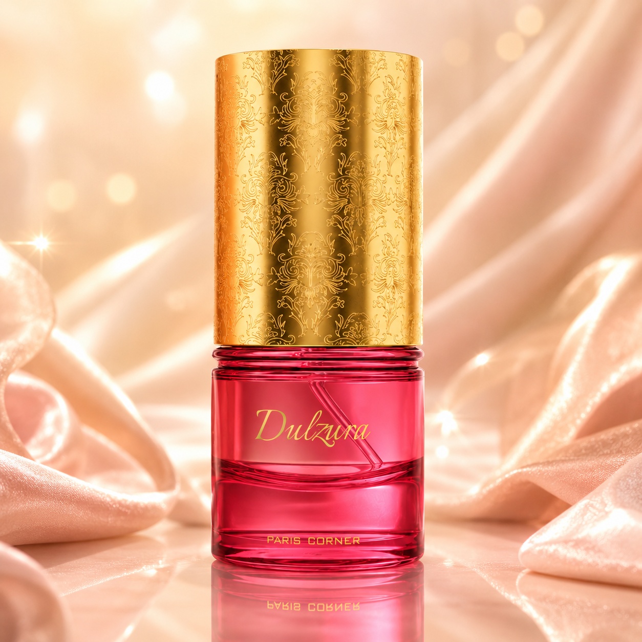 Flacon Dulzura Paris Corner 100 ml roz rubiniu cu capac auriu ornamental și design elegant