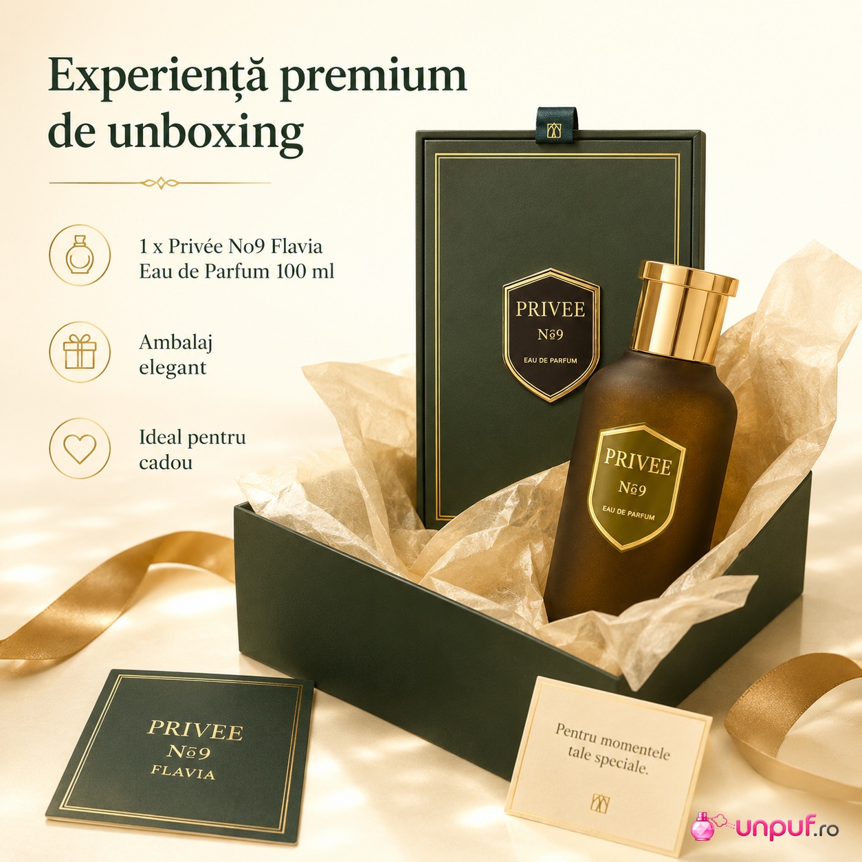 Ce primești în colet Flavia Privee No9 100 ml, parfum original ambalat elegant și pregătit pentru cadou