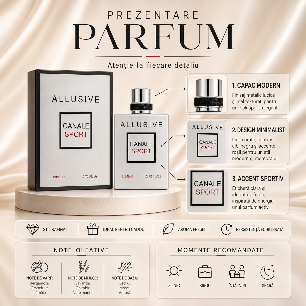 Prezentare Fragrance World Allusive Canale Sport cu note olfactive, design minimalist și momente recomandate