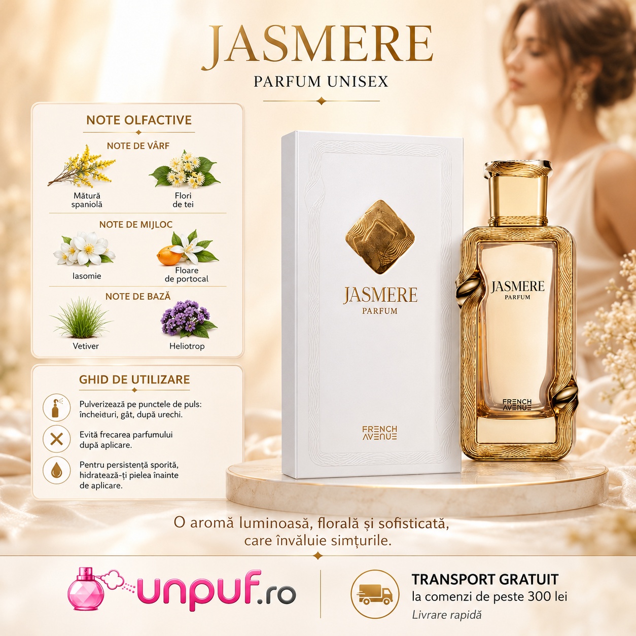 Acorduri principale Jasmere French Avenue cu flori de tei, iasomie Sambac, floare de portocal, heliotrop, vetiver și mosc