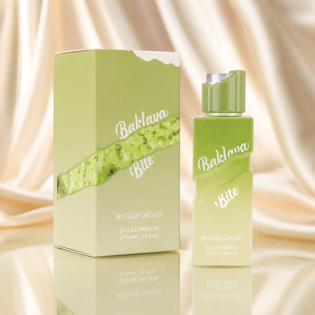 Parfum Arăbesc Gulf Orchid Baklava Bite Eau de Parfum 100ml, sticlă verde fistic și cutie elegantă