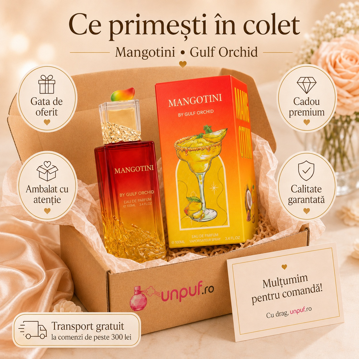 Ce primești în colet la parfumul Gulf Orchid Mangotini, ambalaj premium UnPuf.ro