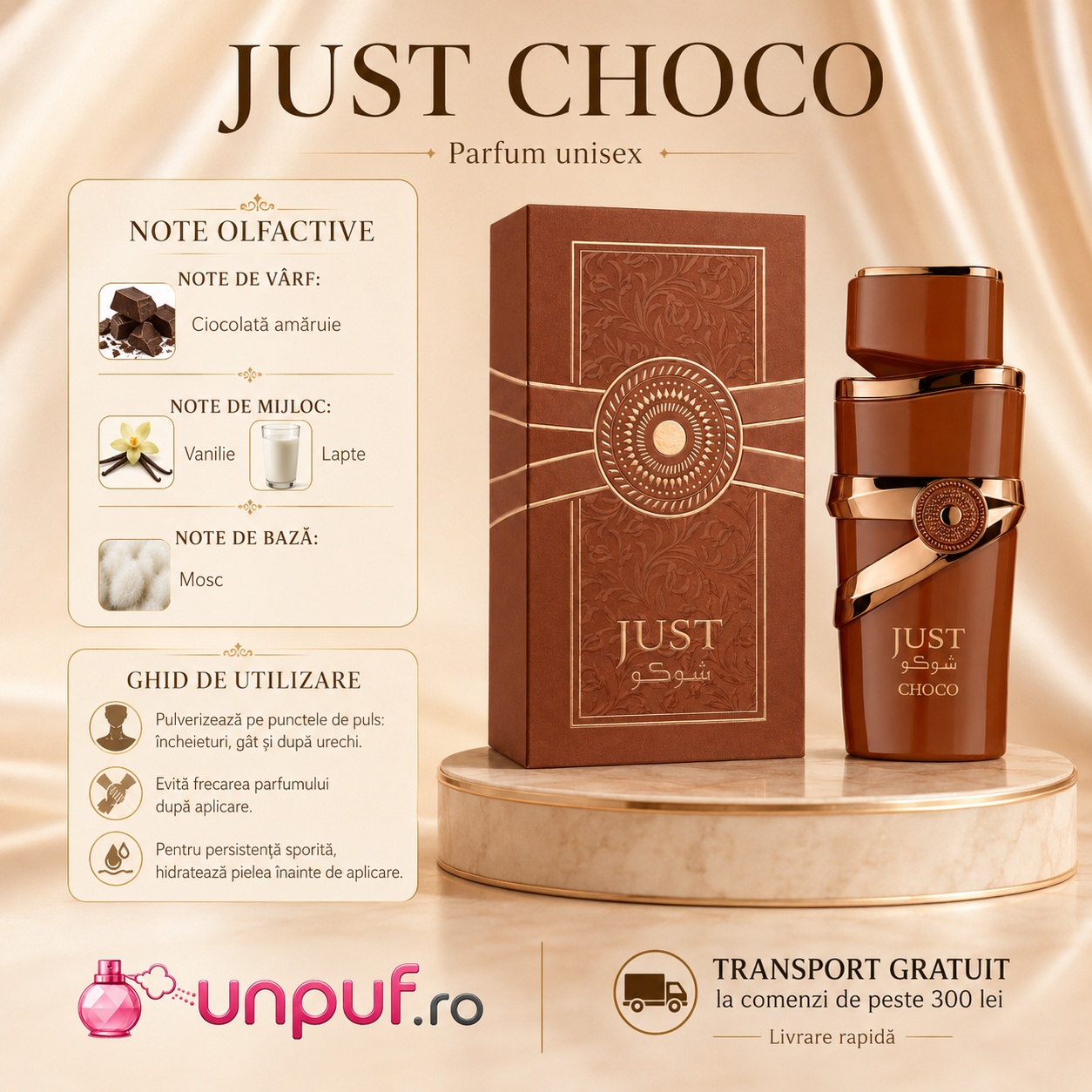 Just Choco Fragrance World parfum unisex cu note de ciocolată amară, vanilie, lapte și mosc, ghid de utilizare