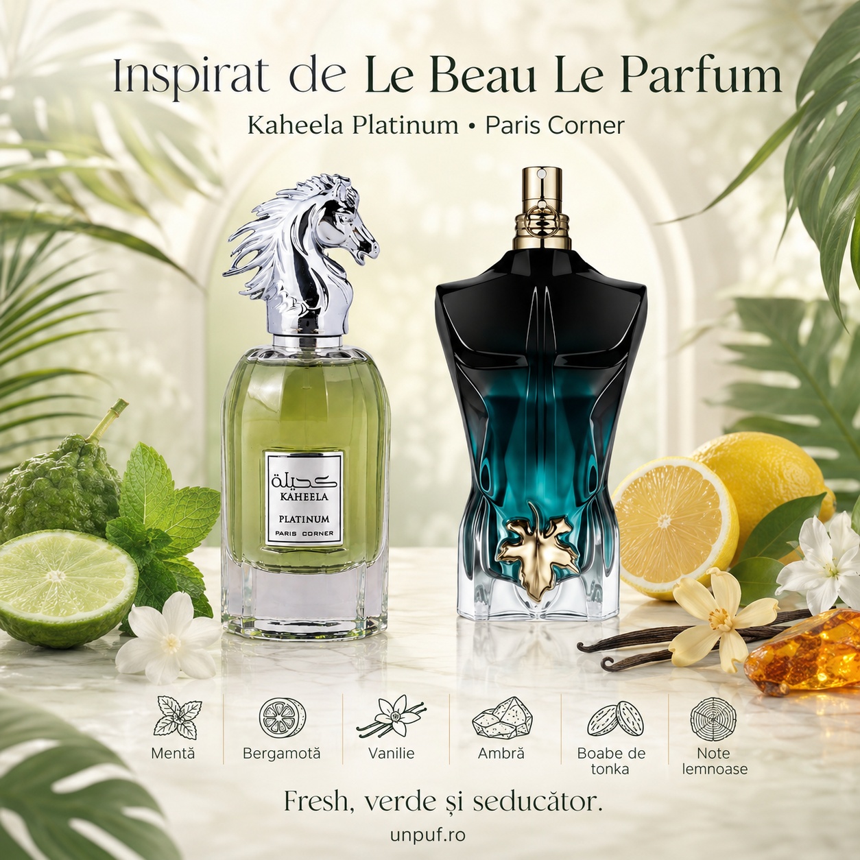 Kaheela Platinum Paris Corner inspirat de Le Beau Le Parfum, parfum fresh verde seducător cu mentă, bergamotă, vanilie, ambră, boabe de tonka și note lemnoase