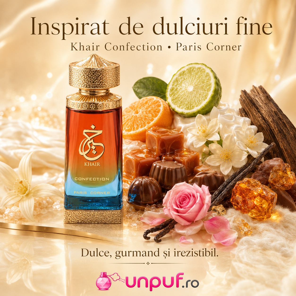 Khair Confection Paris Corner inspirat de dulciuri fine cu bergamotă, mandarină, caramel, trandafir, iasomie, pralină, vanilie, oud, chihlimbar și mosc