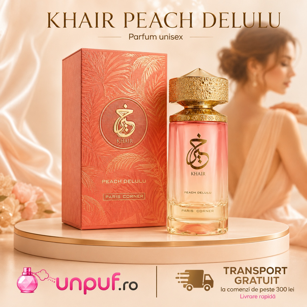 Khair Peach Delulu Paris Corner parfum unisex cu flacon roz piersică, cutie coral premium și transport gratuit la comenzi eligibile