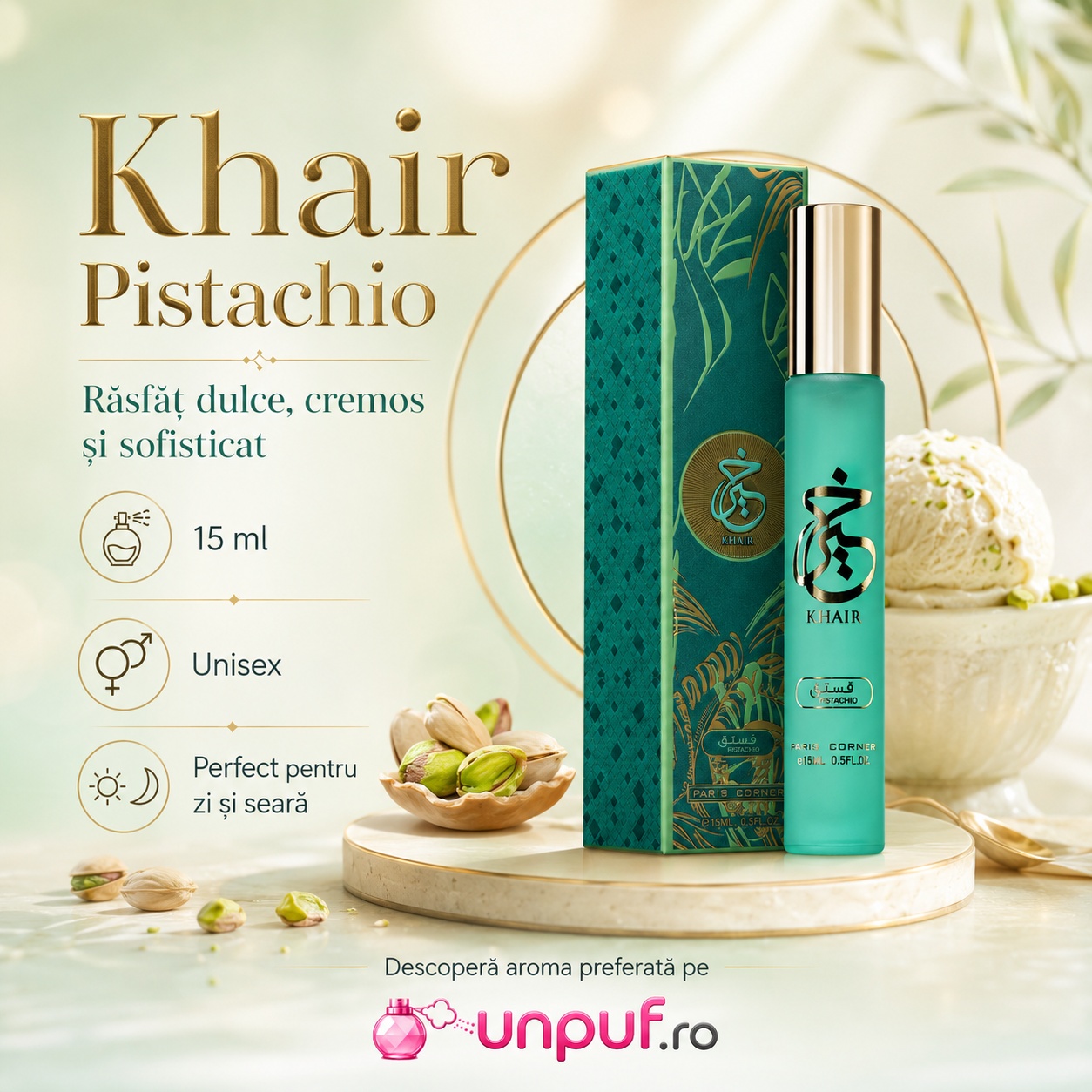 Khair Pistachio răsfăț dulce cremos și sofisticat, 15 ml, unisex, perfect pentru zi și seară