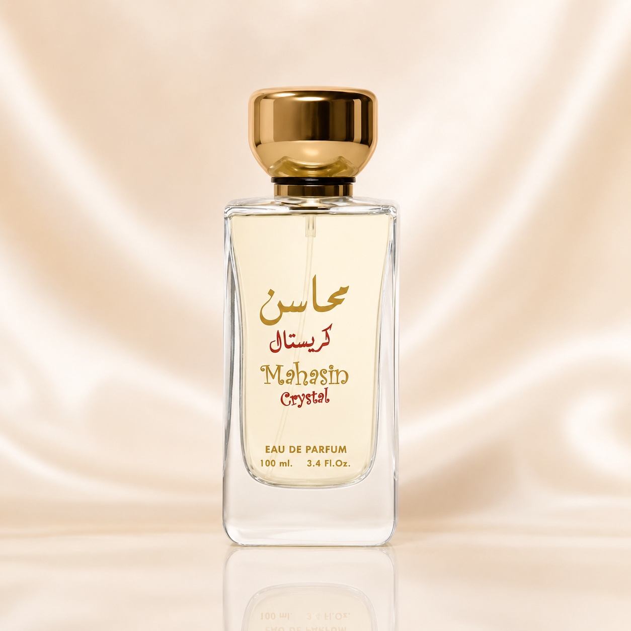 Flacon Lattafa Mahasin Crystal 100 ml parfum unisex cu design transparent, lichid luminos și capac auriu