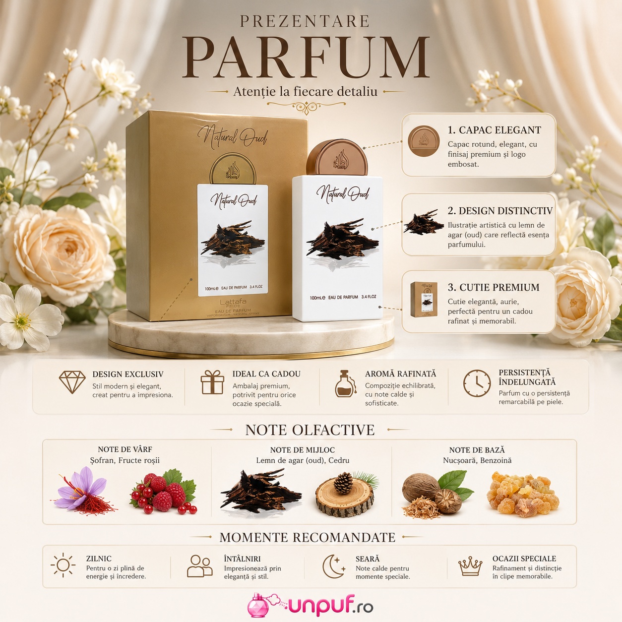 Prezentare parfum Lattafa Natural Oud cu note olfactive șofran fructe roșii lemn de agar oud cedru nucșoară și benzoină