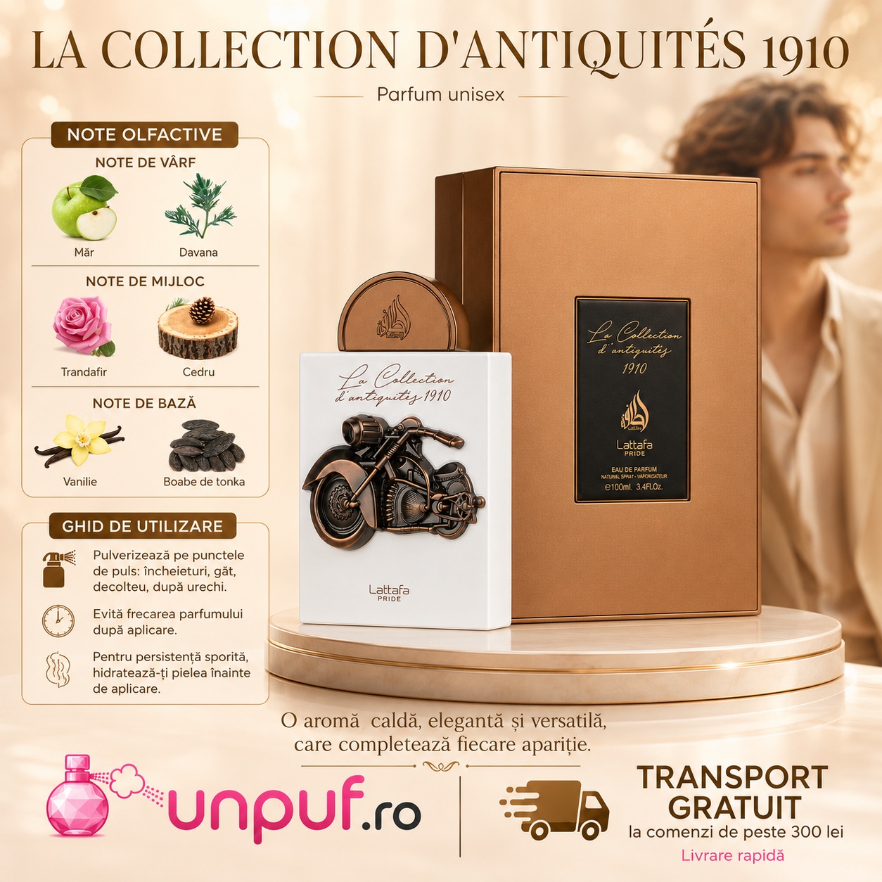 Lattafa Pride La Collection 1910 Bike parfum damă cu note de măr davana trandafir cedru vanilie și boabe de tonka, ghid de utilizare
