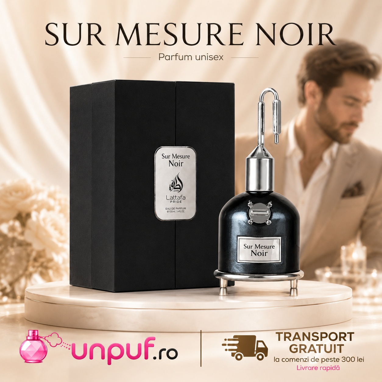 Lattafa Pride Sur Mesure Noir parfum 100 ml cu flacon negru și cutie premium