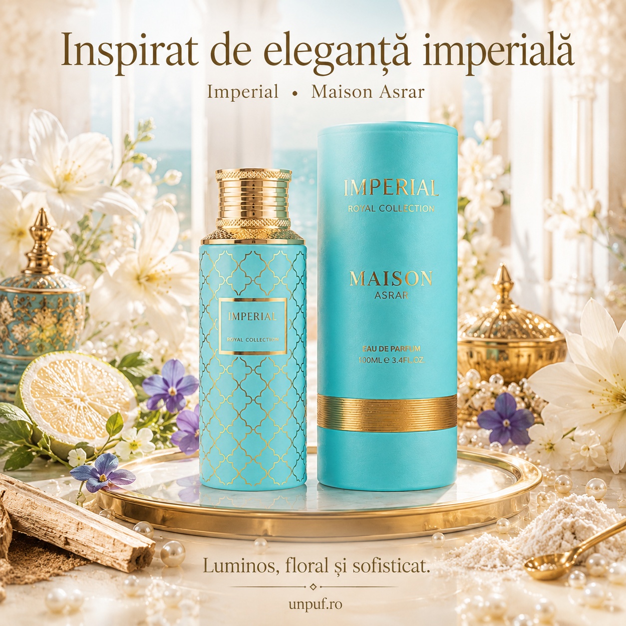 Maison Asrar Imperial inspirat de eleganță imperială, citrice, violete, condimente și lemn de cedru