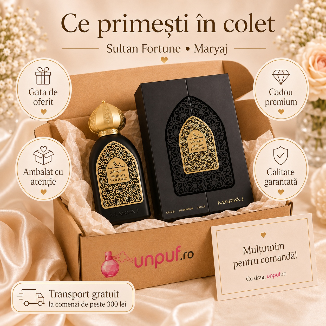 Ce primești în colet Maryaj Sultan Fortune 100 ml, parfum original ambalat cu atenție și cutie premium