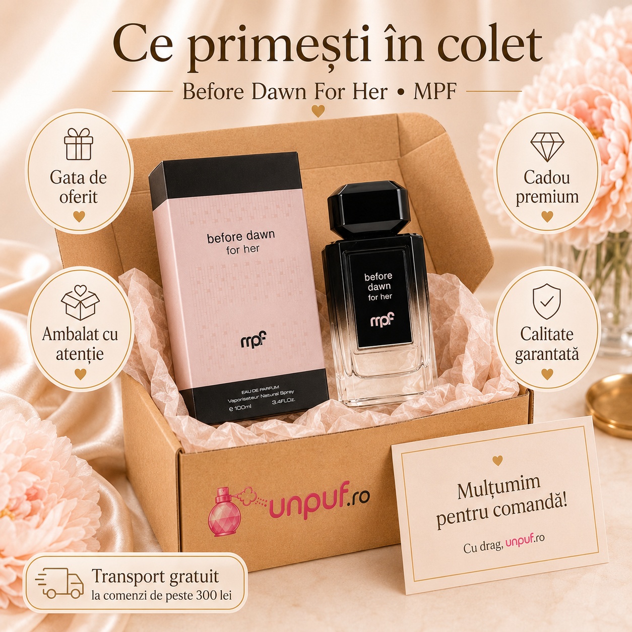 Ce primești în colet la parfumul My Perfumes Before Dawn For Her 100 ml, ambalaj atent, cadou premium și calitate garantată