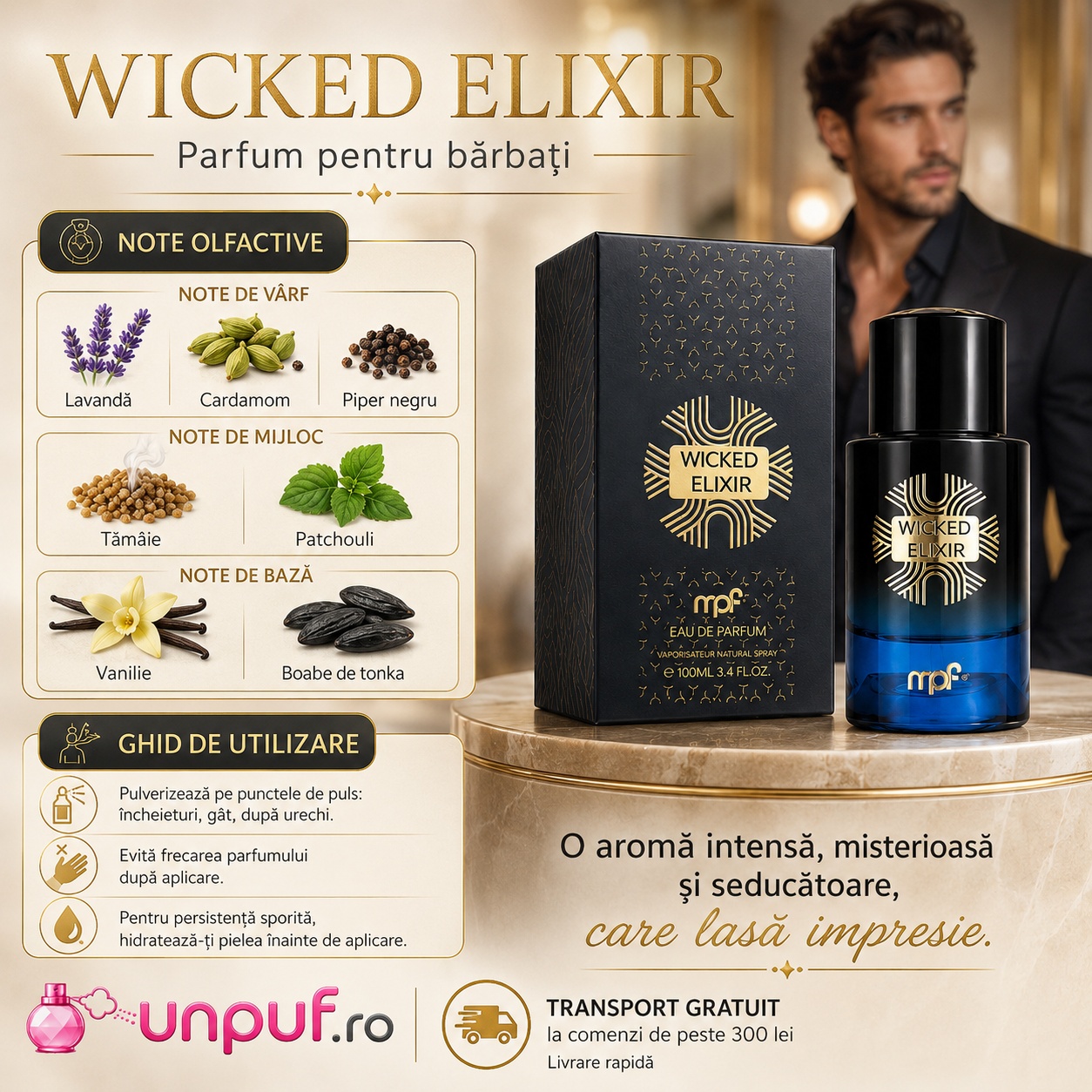 My Perfumes Wicked Elixir note olfactive și ghid de utilizare cu lavandă, cardamom, piper negru, tămâie, patchouli, vanilie și tonka