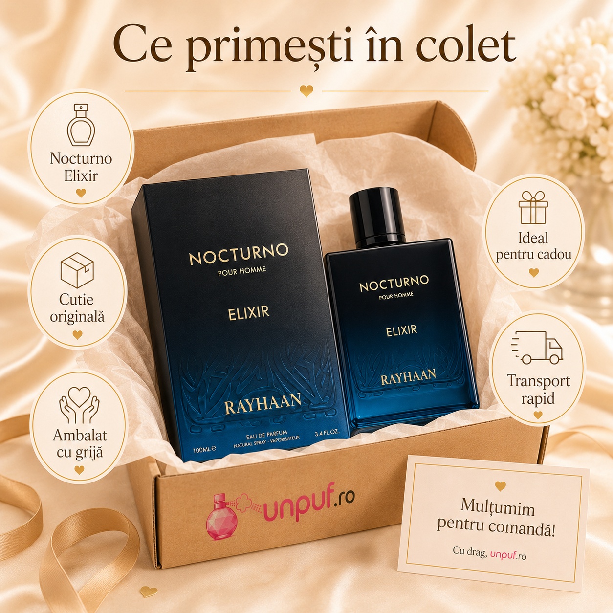 Ce primești &icirc;n colet Nocturno Elixir Rayhaan parfum arabesc ambalat cu atenție de unpuf.ro